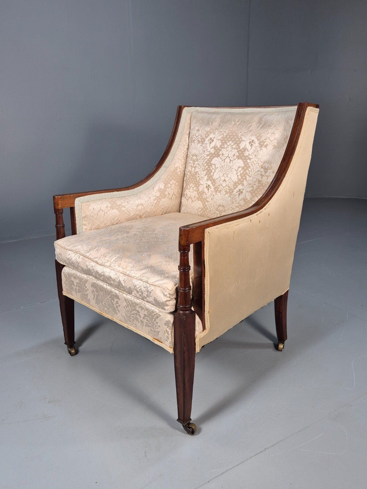 Antique Edwardian Mahogany Armchair Satin Creme Leaf Pattern Fabric EB8446 VCLO - UKDK FURNITURE