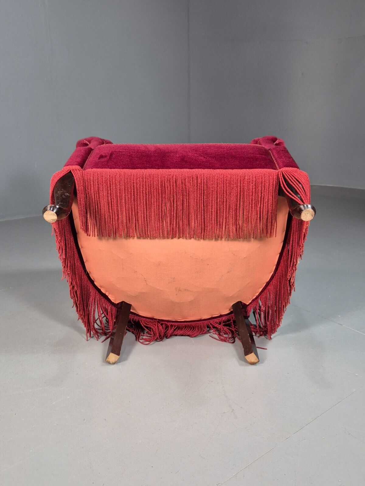 Vintage Danish Red Velour Tub Chair With Tassels Cabriole Legs EB8013 VCLO - UKDK FURNITURE