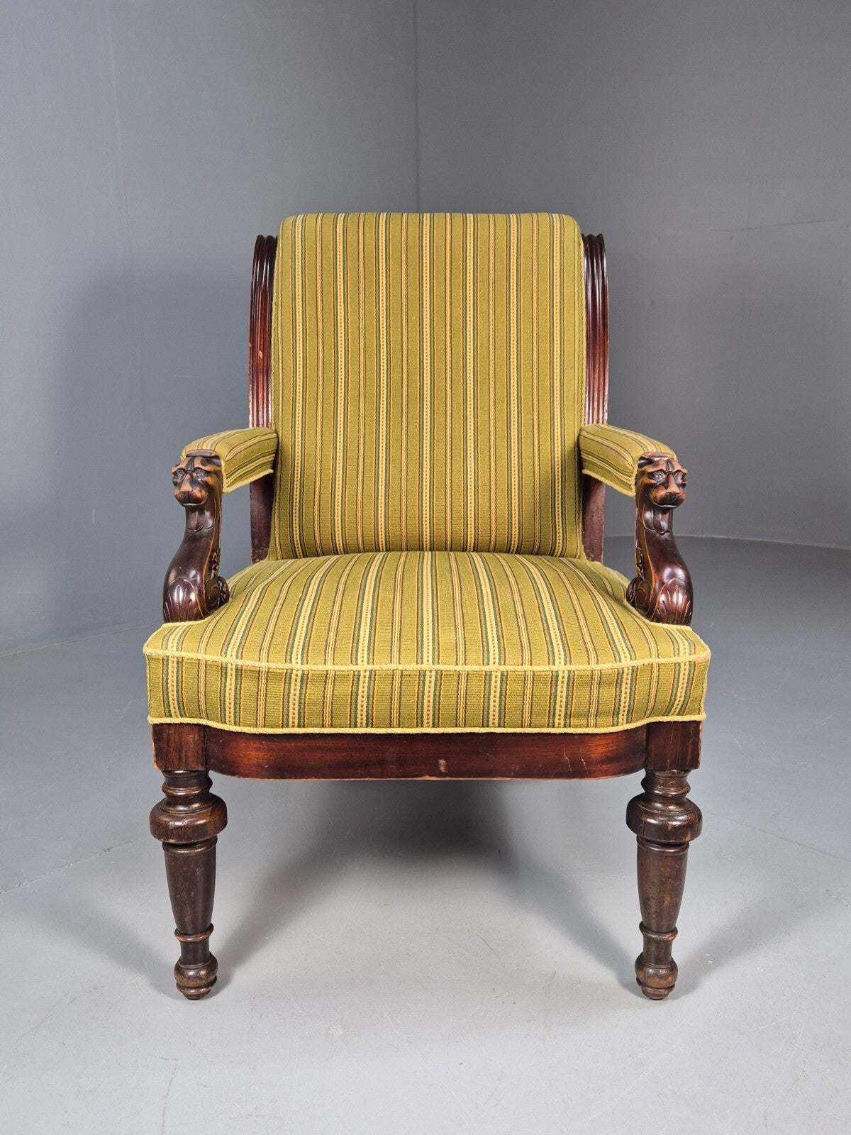 Antique Green Striped Armchair Carved Lion Figures Danish Mahogany EB9626 VCAR - UKDK FURNITURE