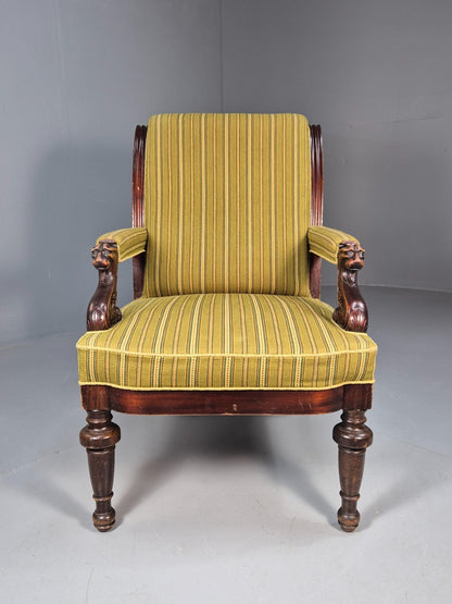Antique Green Striped Armchair Carved Lion Figures Danish Mahogany EB9626 VCAR - UKDK FURNITURE