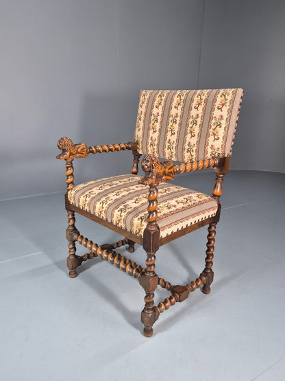 17th Century Style Carved Chair Lions Arms Barley Twist Frame 1960 EB10774 VCAR0