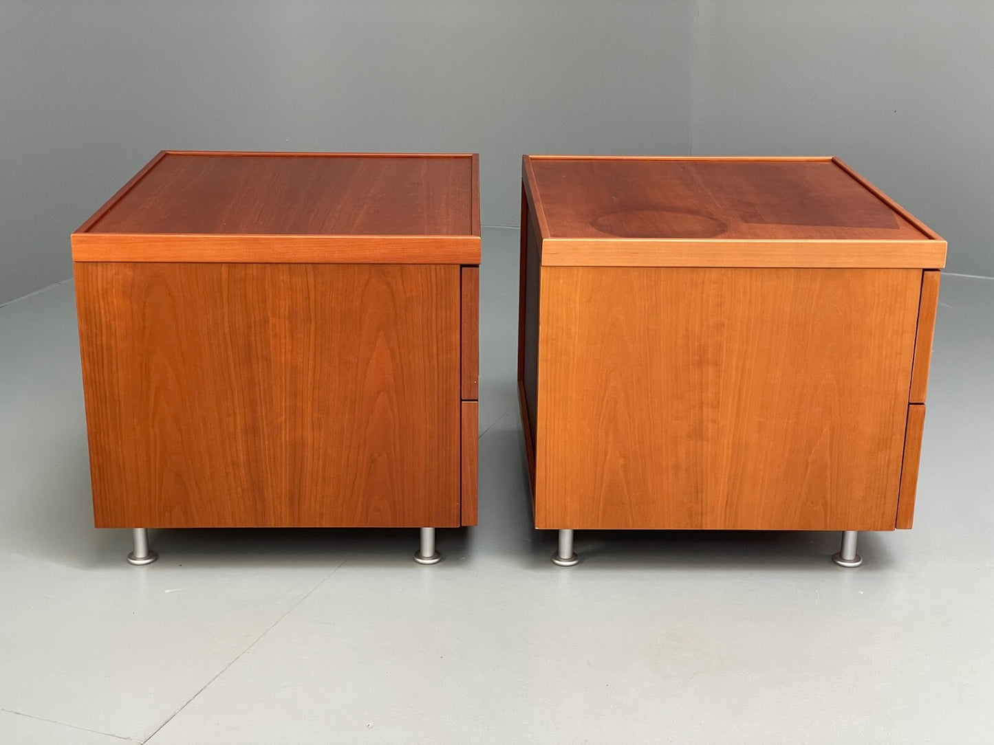 Vintage Pair Bedside Tables Cherry Wood Aluminium 1980s Drawers EB9819 MWOO - UKDK FURNITURE
