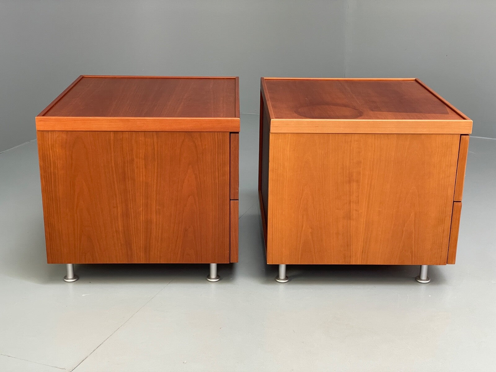 Vintage Pair Bedside Tables Cherry Wood Aluminium 1980s Drawers EB9819 MWOO - UKDK FURNITURE