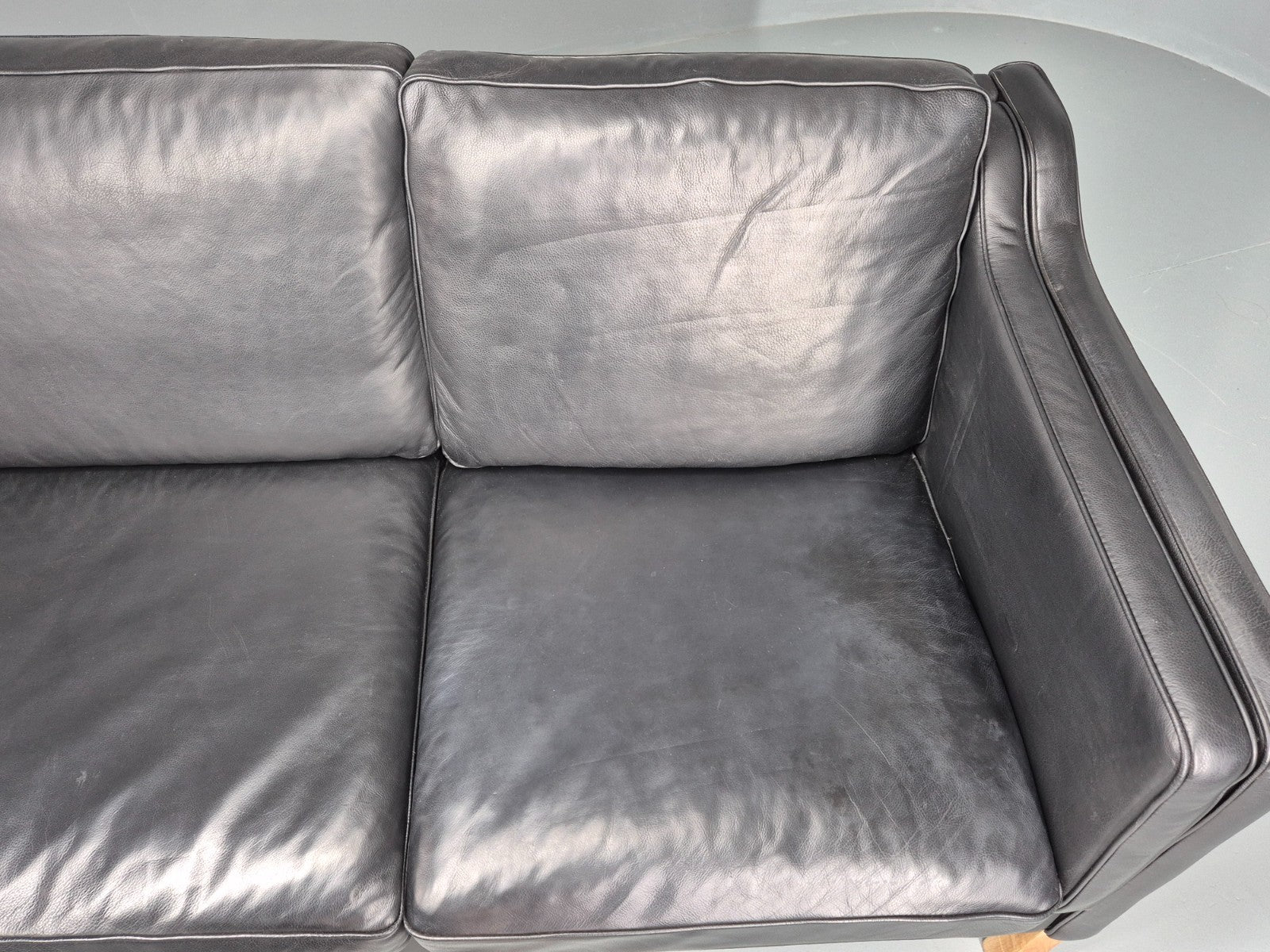 Vintage 3 Seat Sofa Danish Black Leather and Vinyl Mid Century EB10468 M3SS6