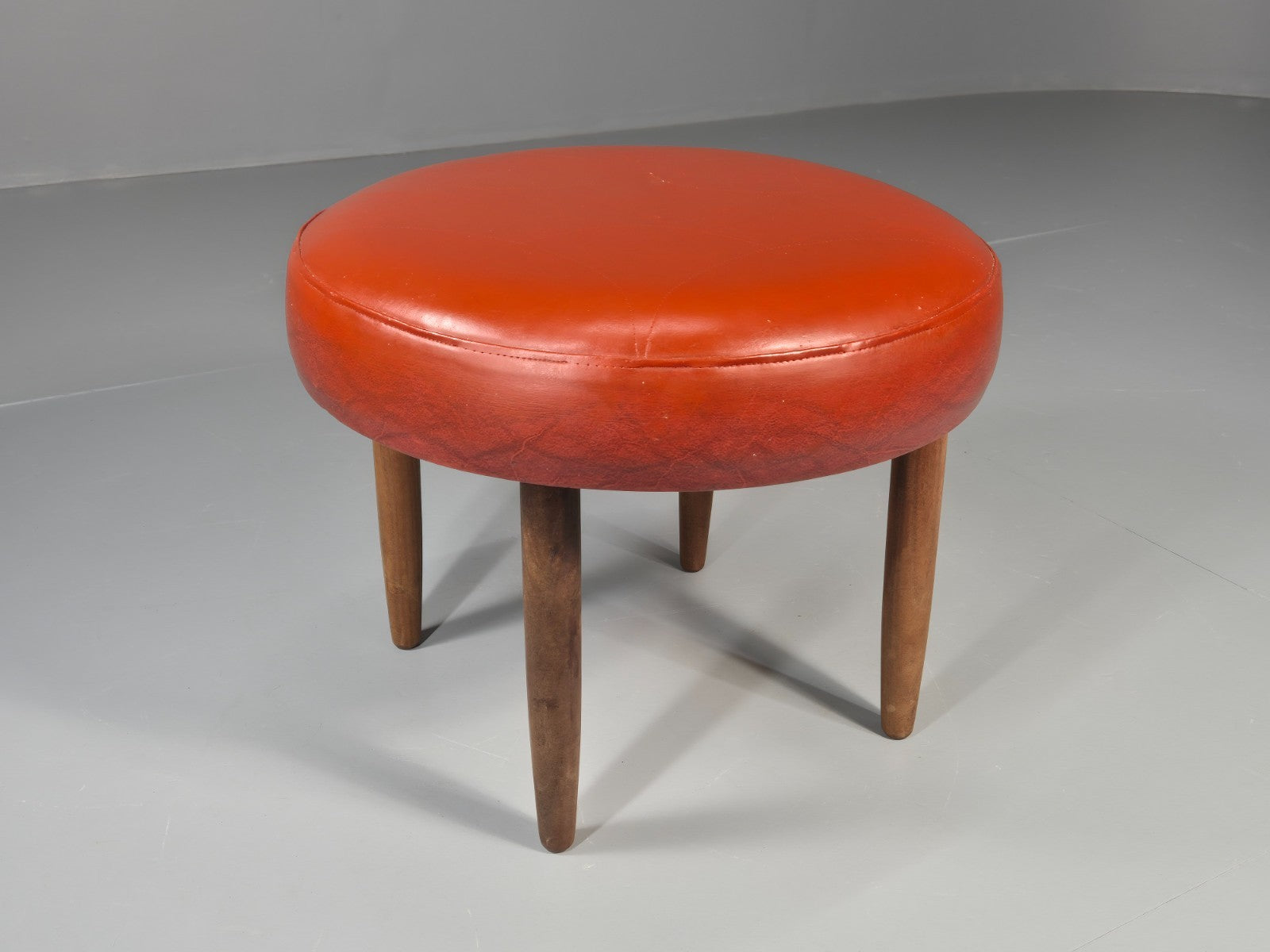 Mid Century Circular Footstool Red Vinyl Teak Legs 1960s Danish EB10882 MFOO0