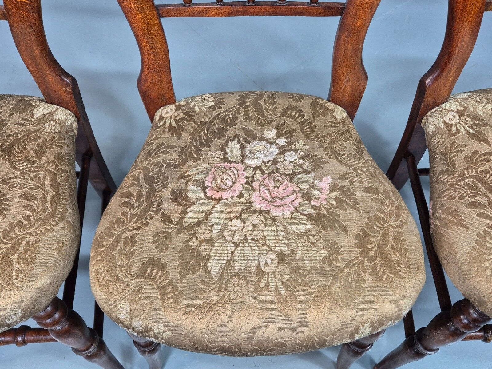 3 Vintage Dining Chairs Floral Seats Walnut Frame Balloon Victorian EB8182 VDIN - UKDK FURNITURE