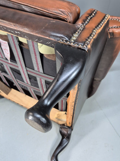 Vintage Leather Wingback Queen Anne Chair Brown 1980s Retro EB9543 VLEA - UKDK FURNITURE