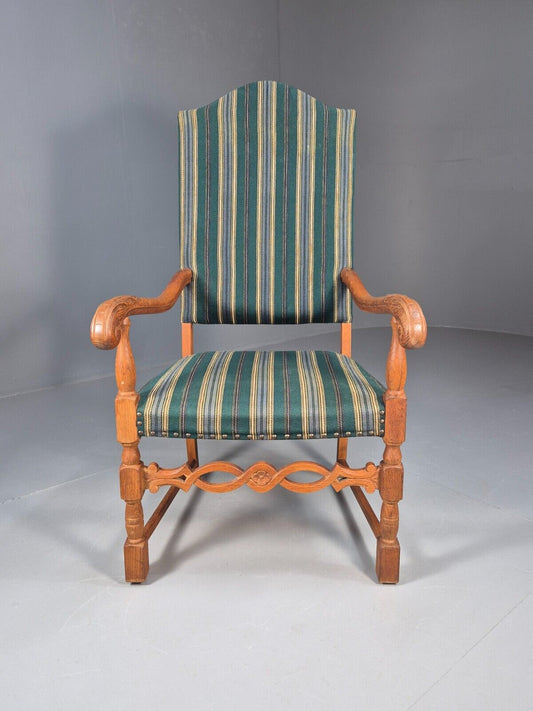 A Vintage Danish Baroque Style Armchair Green Wool Stripe Oak Frame EB9002 VCLO - UKDK FURNITURE