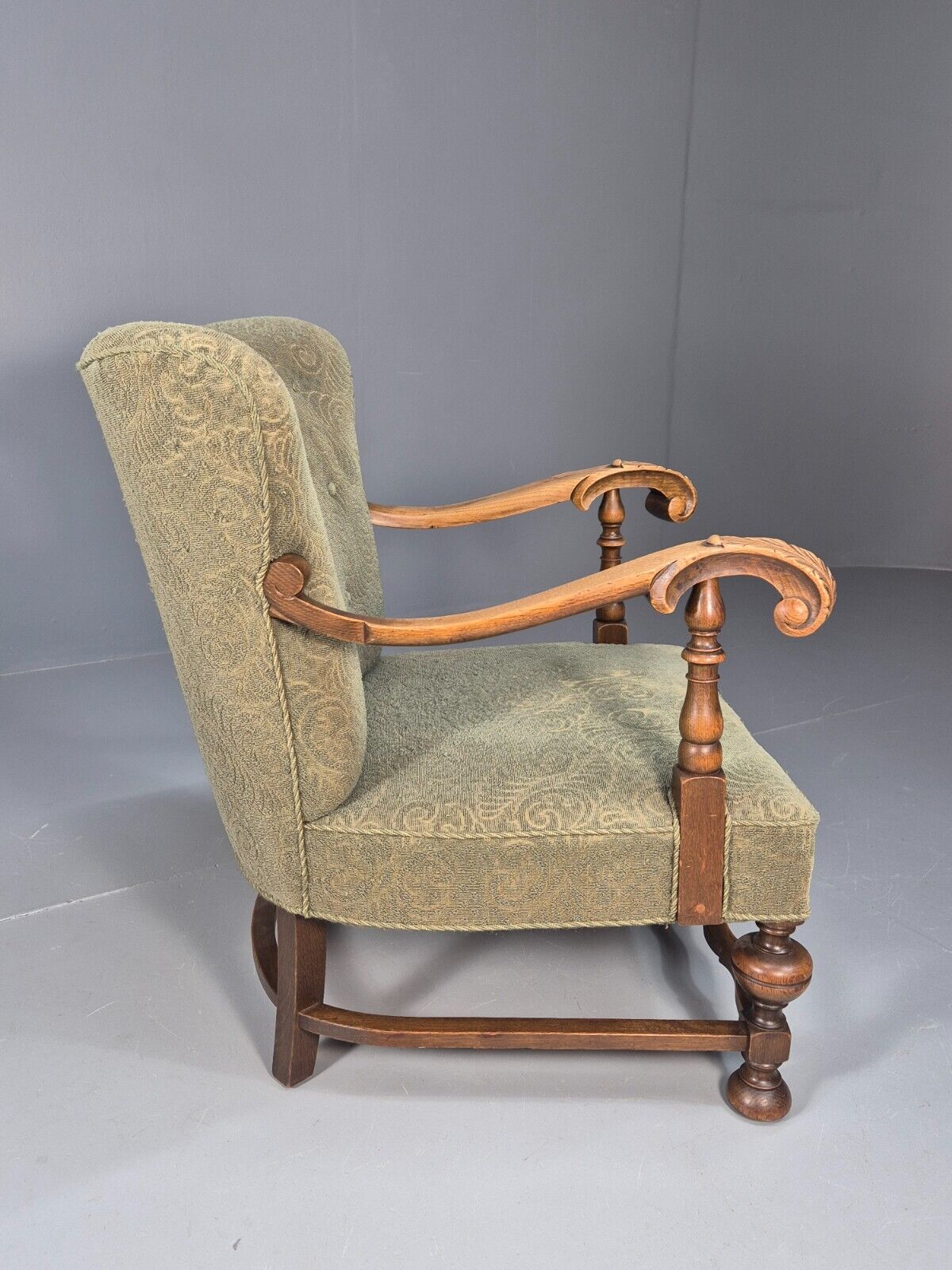 Vintage Danish Lounge Chair Green Moquette Carved Oak Frame 1940s EB8998 VCLO - UKDK FURNITURE