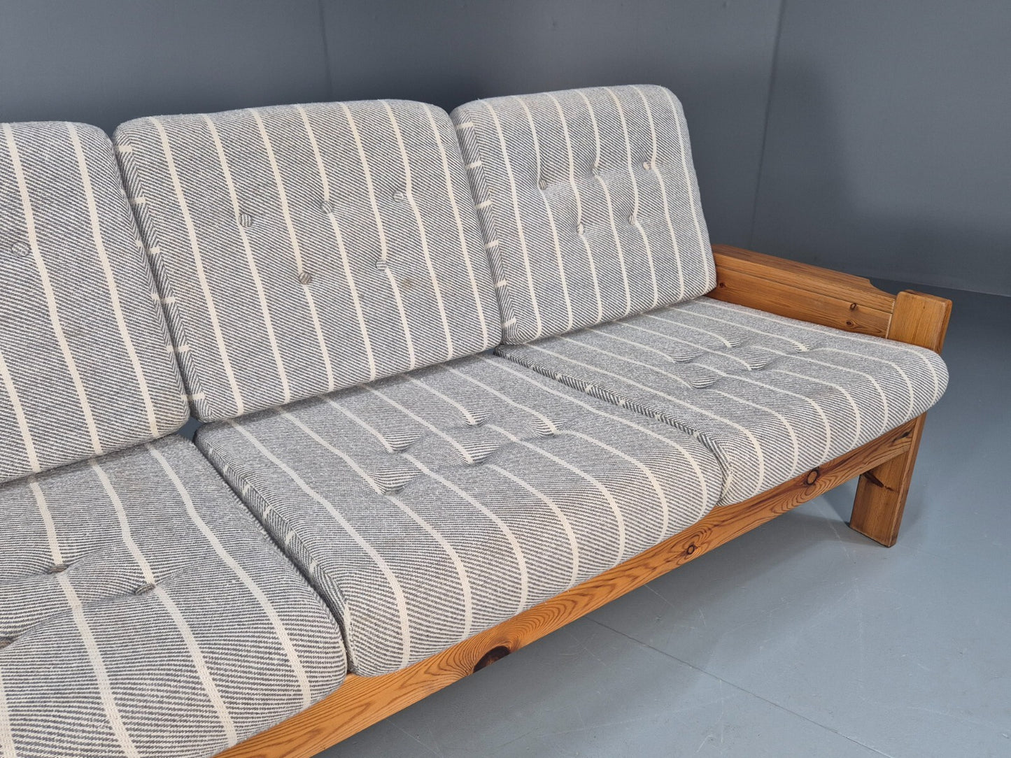 Vintage 3 Seater Pine Sofa Danish 1970s Retro Design Grey Striped EB9373 M3SS - UKDK FURNITURE