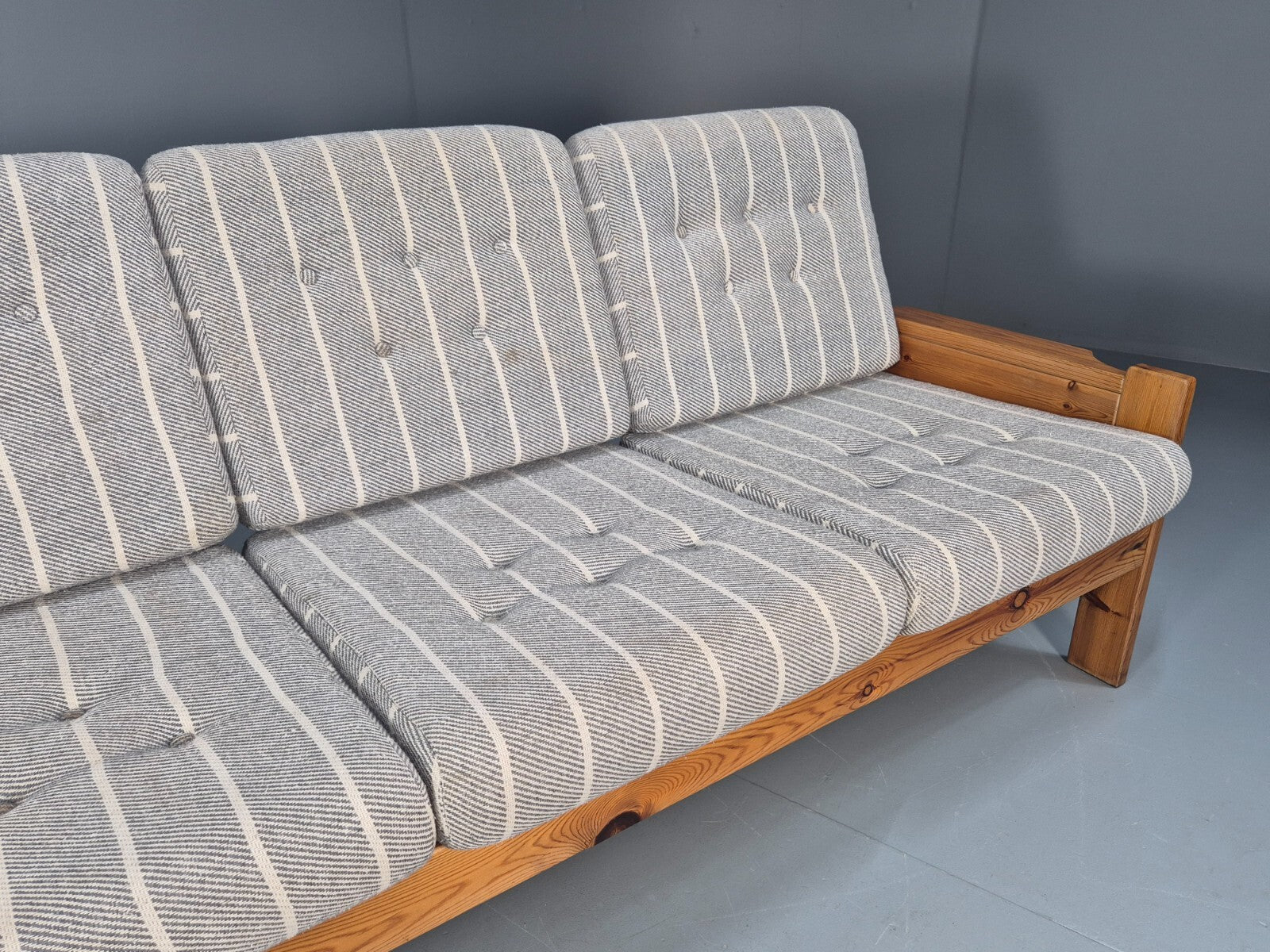 Vintage 3 Seater Pine Sofa Danish 1970s Retro Design Grey Striped EB9373 M3SS - UKDK FURNITURE