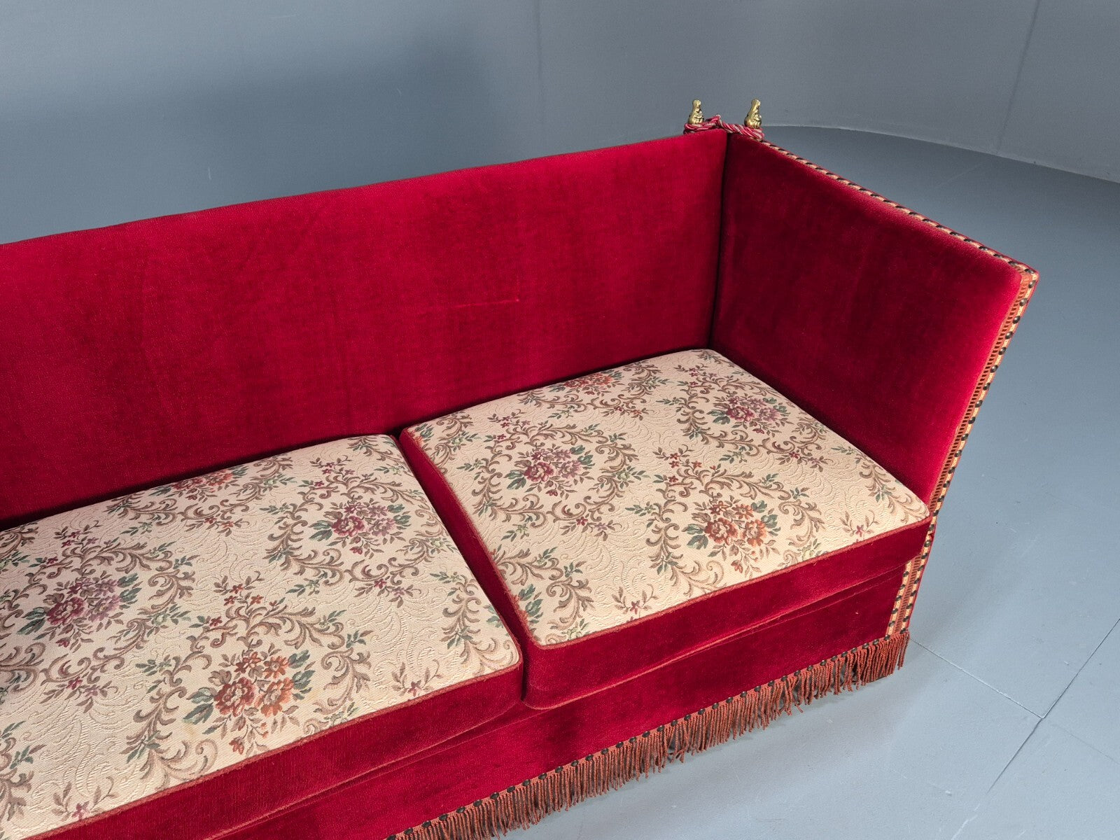Vintage Danish Knowle Sofa Red Velour Cream Reversible Cushions 60s EB9648 V2SS - UKDK FURNITURE