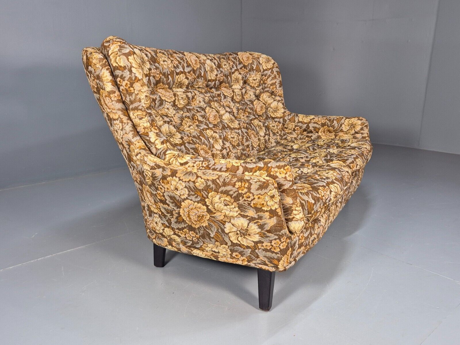 Vintage Danish 2 Seat Sofa Brown Yellow Floral Curved Form Retro MCM EB8949 M2SS - UKDK FURNITURE