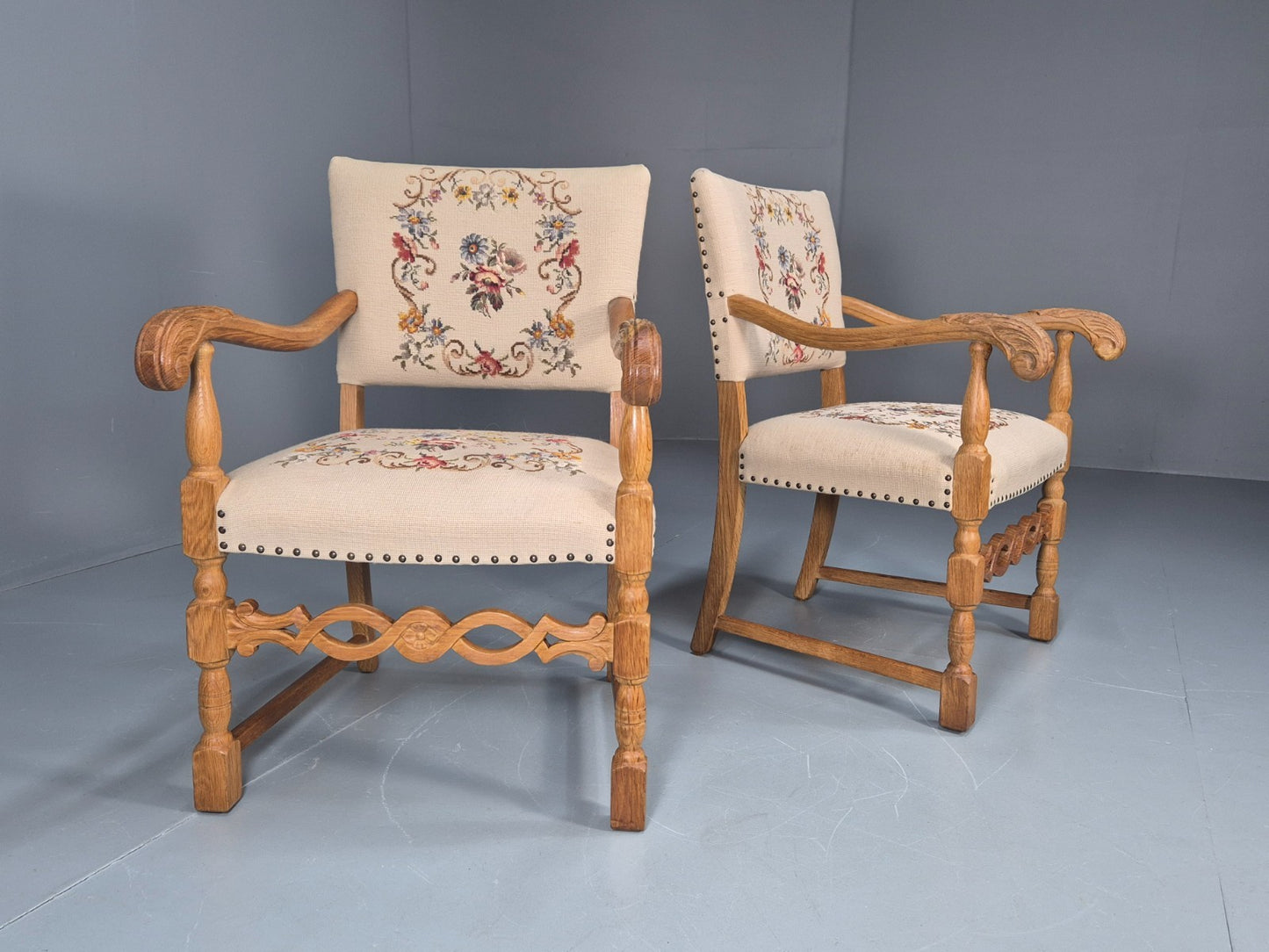 2 Baroque Elbow Chairs Oak Frame Vintage Denmark Floral Upholstery EB10727 VCAR1