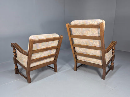 2 Vintage Danish Lounge Chairs Floral Beige Cotton Oak Frame Baroque EB8952 VCLO - UKDK FURNITURE