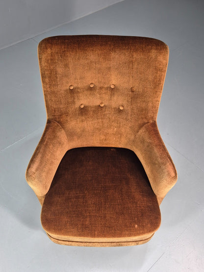 Mid Century Tub Chair Danish 1960s Brown Velour Retro Buttons EB10755 MNOR2