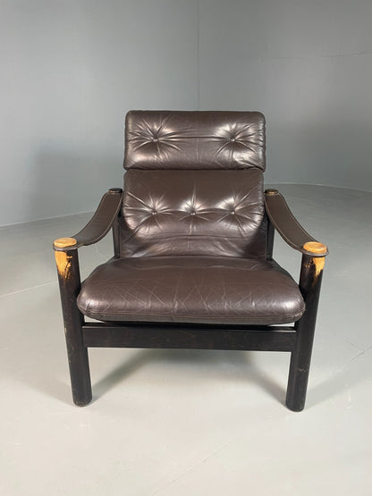 Vintage Danish Lounge Chair Brown Leather Sling Arms Retro MCM EB6867 MNOR17