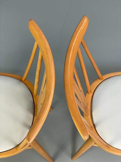 Mid Century Beech Dining Chairs Pair Off White Vinyl 1960s EB9779 MDIN - UKDK FURNITURE