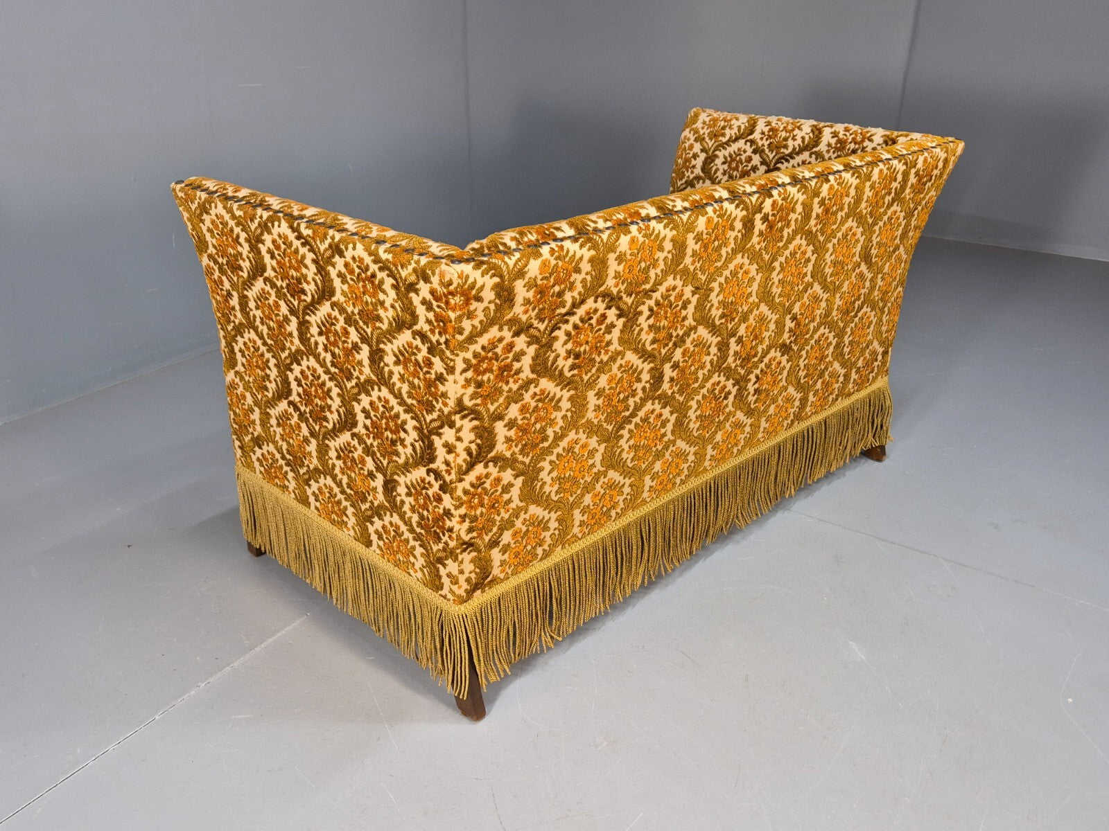 Vintage Danish 2 Seat Sofa Compact and Boxy Gold Moquette Tassels EB9588 V2SS - UKDK FURNITURE
