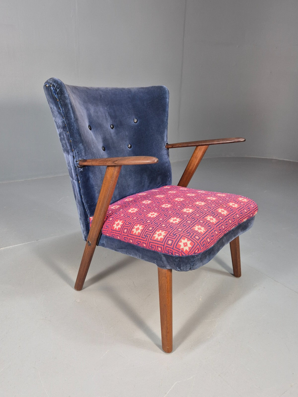 Danish 1960s Armchair Teak Blue Pink Fabric Eran Møbler EB9316 MNOR - UKDK FURNITURE