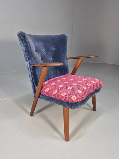 Danish 1960s Armchair Teak Blue Pink Fabric Eran Møbler EB9316 MNOR - UKDK FURNITURE