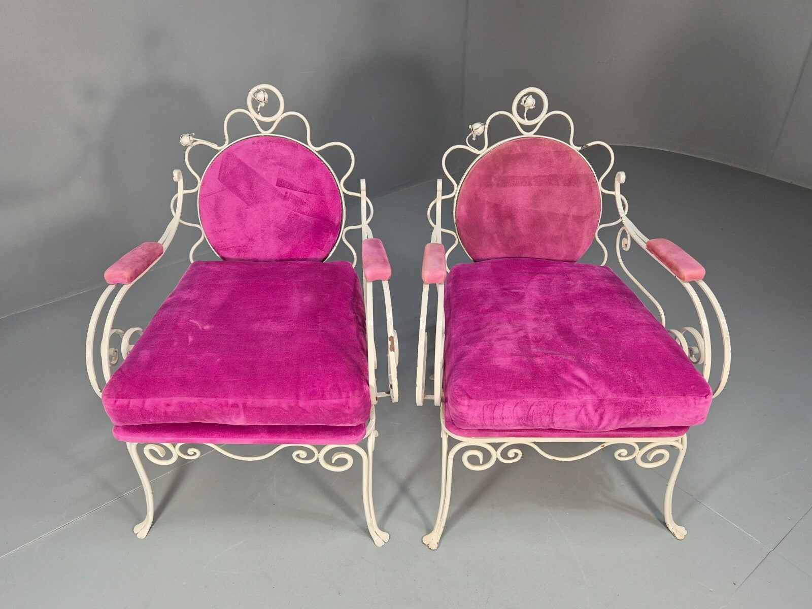2 Vintage Pink Velvet and Wrought Iron 1950s Chairs French Orangery EB9677 VCLO - UKDK FURNITURE