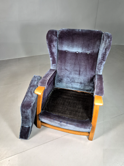 Vintage Lounge Wingback Chair Blue Velour Beech Frame 1950 Retro MCM EB7108 VCLO3