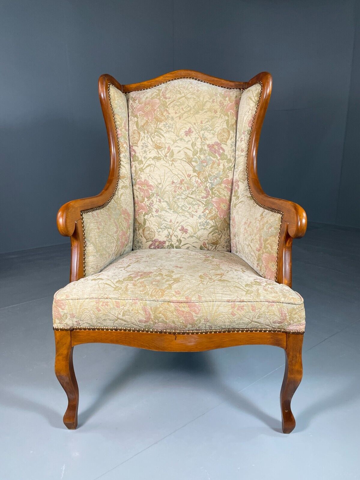 EB6426 Vintage Danish Wing Back Lounge Chair Haedwood Frame Floral Antique VCLO - UKDK FURNITURE