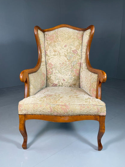 EB6426 Vintage Danish Wing Back Lounge Chair Haedwood Frame Floral Antique VCLO - UKDK FURNITURE