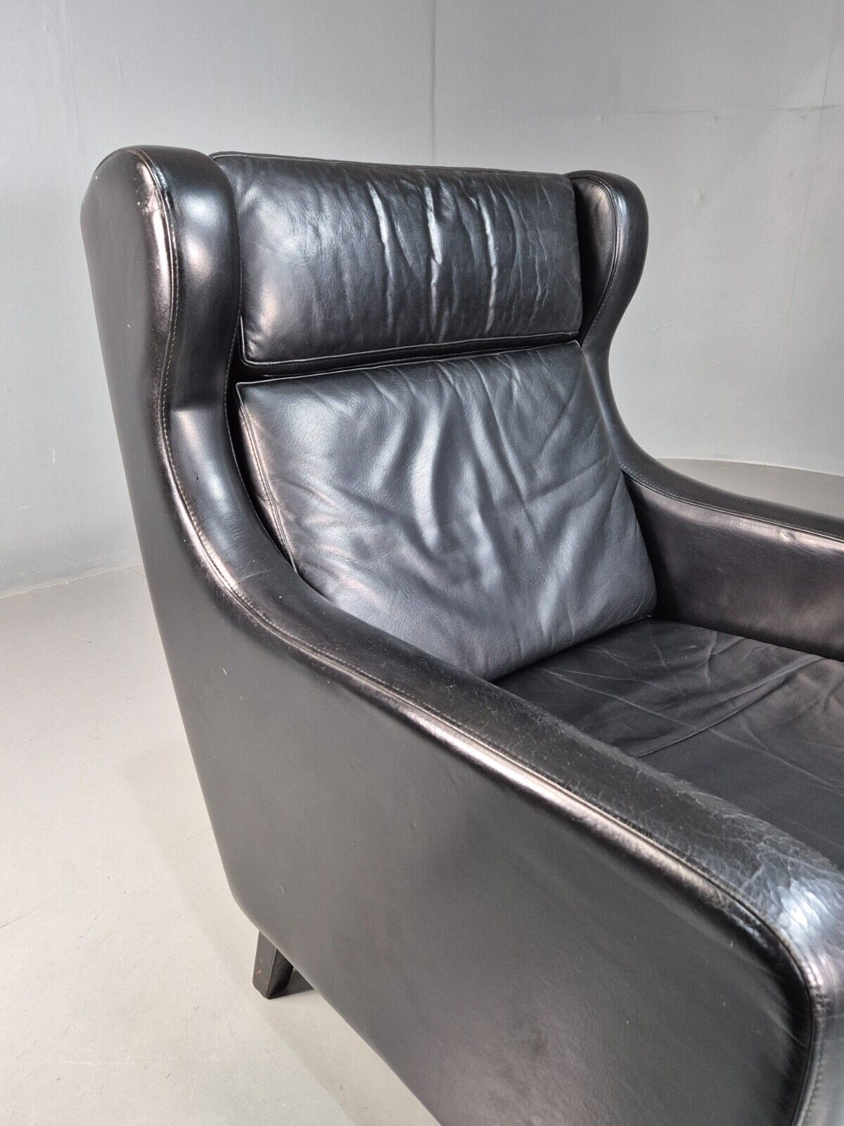 Vintage Danish Lounge Chair Black Leather Wingback 1970s Retro MCM EB8237 MNOR - UKDK FURNITURE
