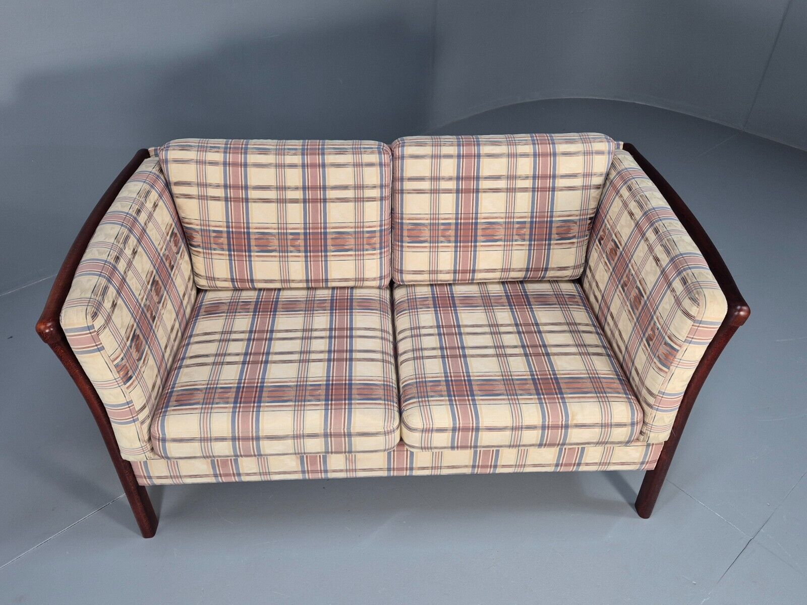 Vintage Danish 2 Seat Sofa Tartan Cotton Wood Frame Stouby 1980s MCM EB8598 M2SS - UKDK FURNITURE