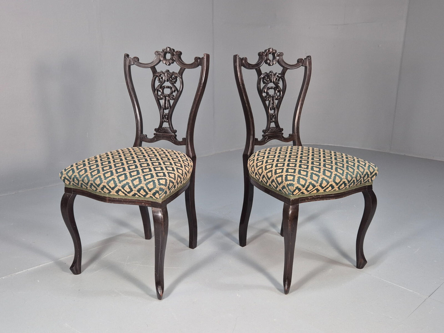 Vintage Royal Green Dining Chairs Pair Leaf Pattern Mahogany Frame EB9691 VDIN - UKDK FURNITURE