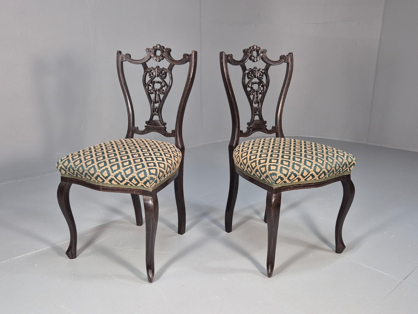 Vintage Royal Green Dining Chairs Pair Leaf Pattern Mahogany Frame EB9691 VDIN - UKDK FURNITURE