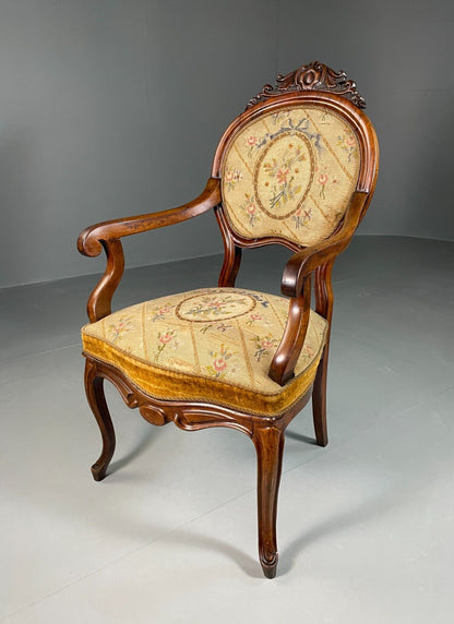 Vintage Danish Fauteuil Chair Mahogany Floral Tapestry Antique EB6453 VCLO - UKDK FURNITURE