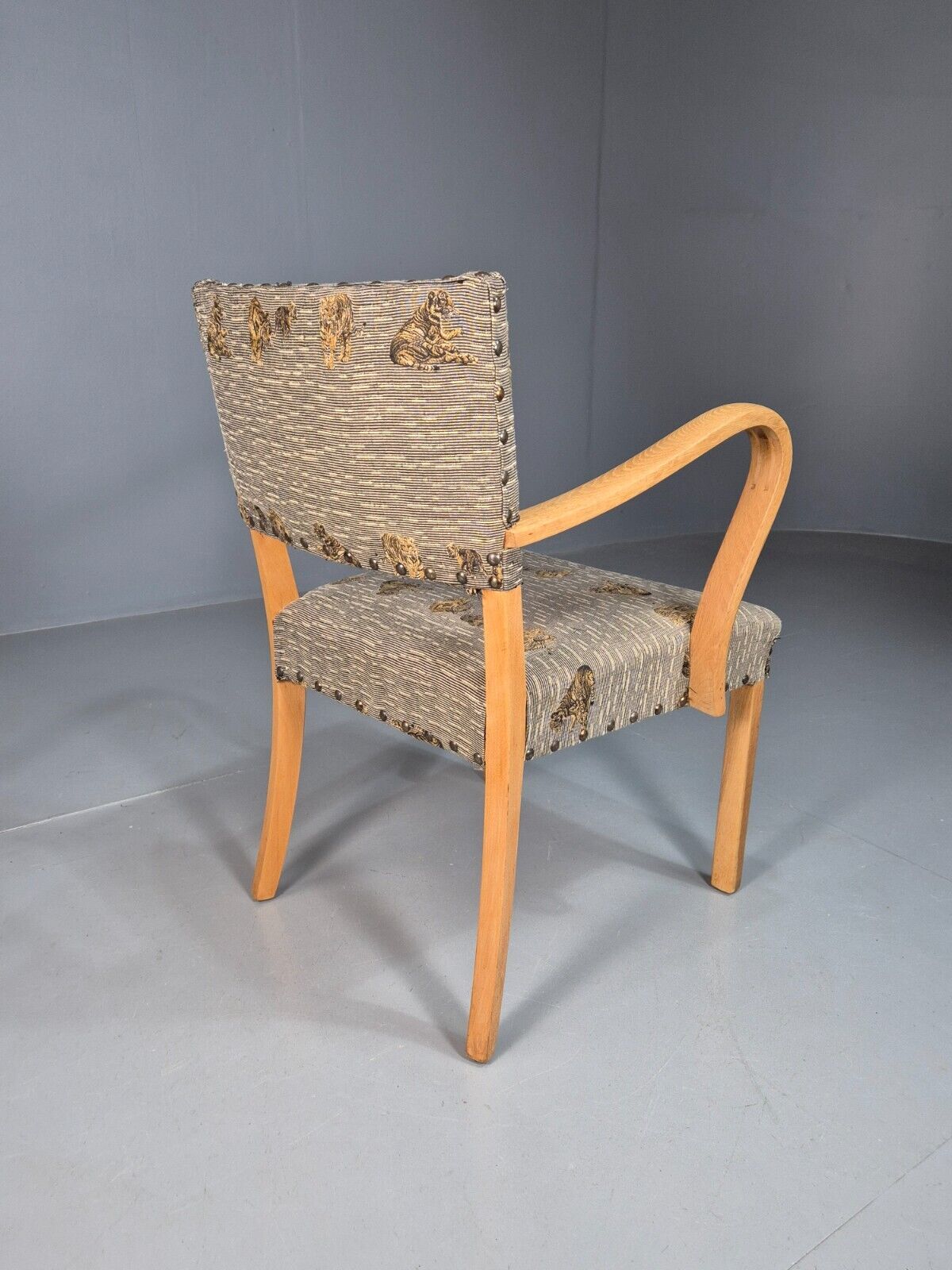 Vintage Danish Elbow Chair Tiger Motif Grey Beech Wood 1950s Retro EB8005 MDIN - UKDK FURNITURE