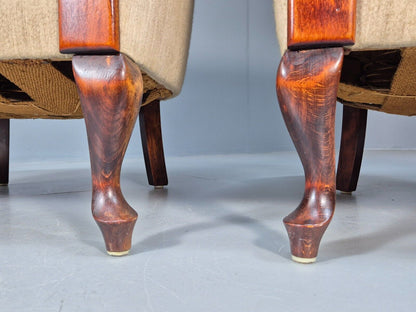 2Pair of Vintage Antique Danish Tub Chairs Beige Cream Stripes 1930s EB9049 VCLO - UKDK FURNITURE