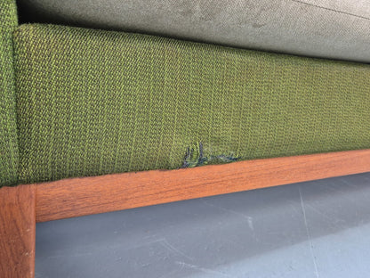 Mid Century 3 Seater Sofa Green Cream Fabric Teak Vintage Scandi EB9794 M3SS - UKDK FURNITURE