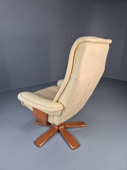 Vintage Swivel Recline Lounge Chair Danish Cream Leather 1990s EB11433 MSWI7