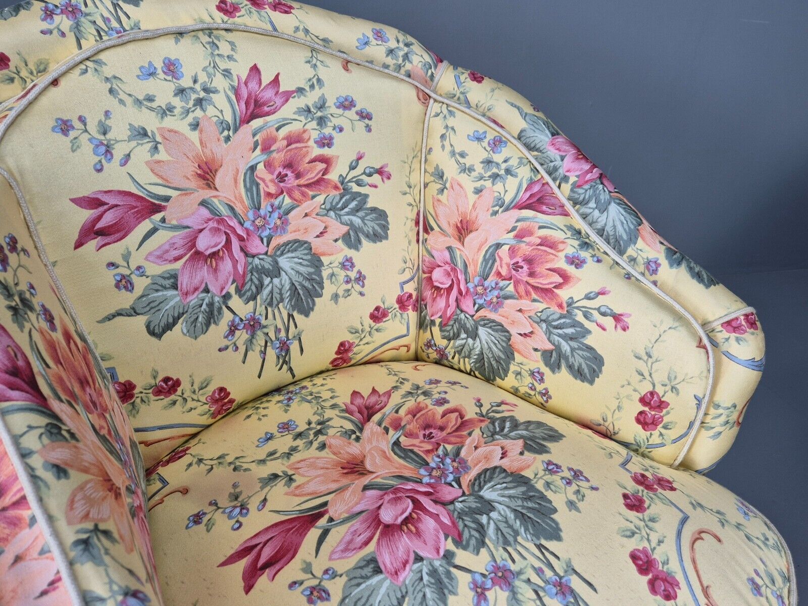 Pair Vintage Danish Floral Print Antique Tub Chairs Walnut Legs EB9012 VCLO - UKDK FURNITURE