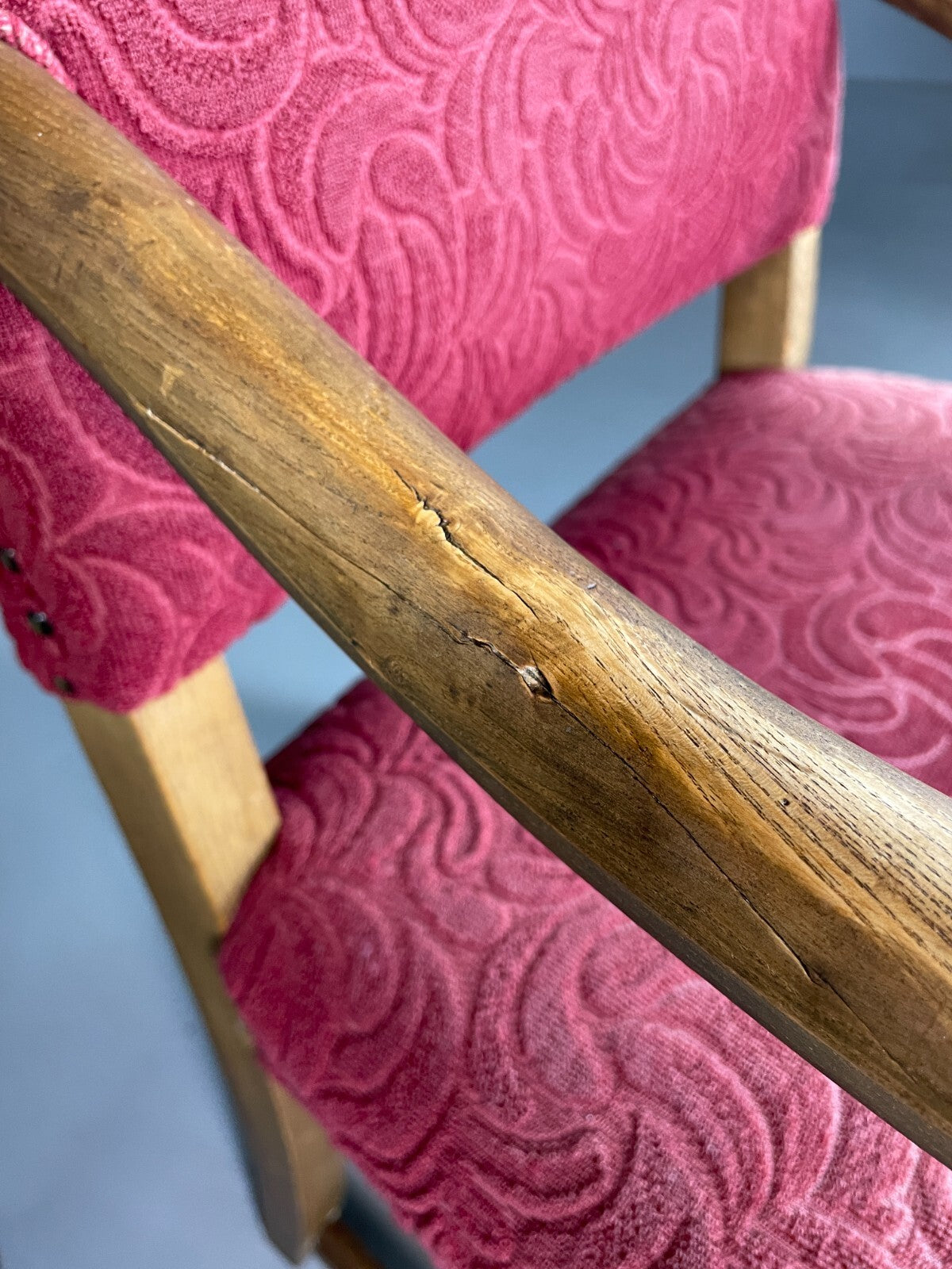 Vintage Danish Lounge Chair Oak Red Moquette 17th Century Style EB6942 VCLO16