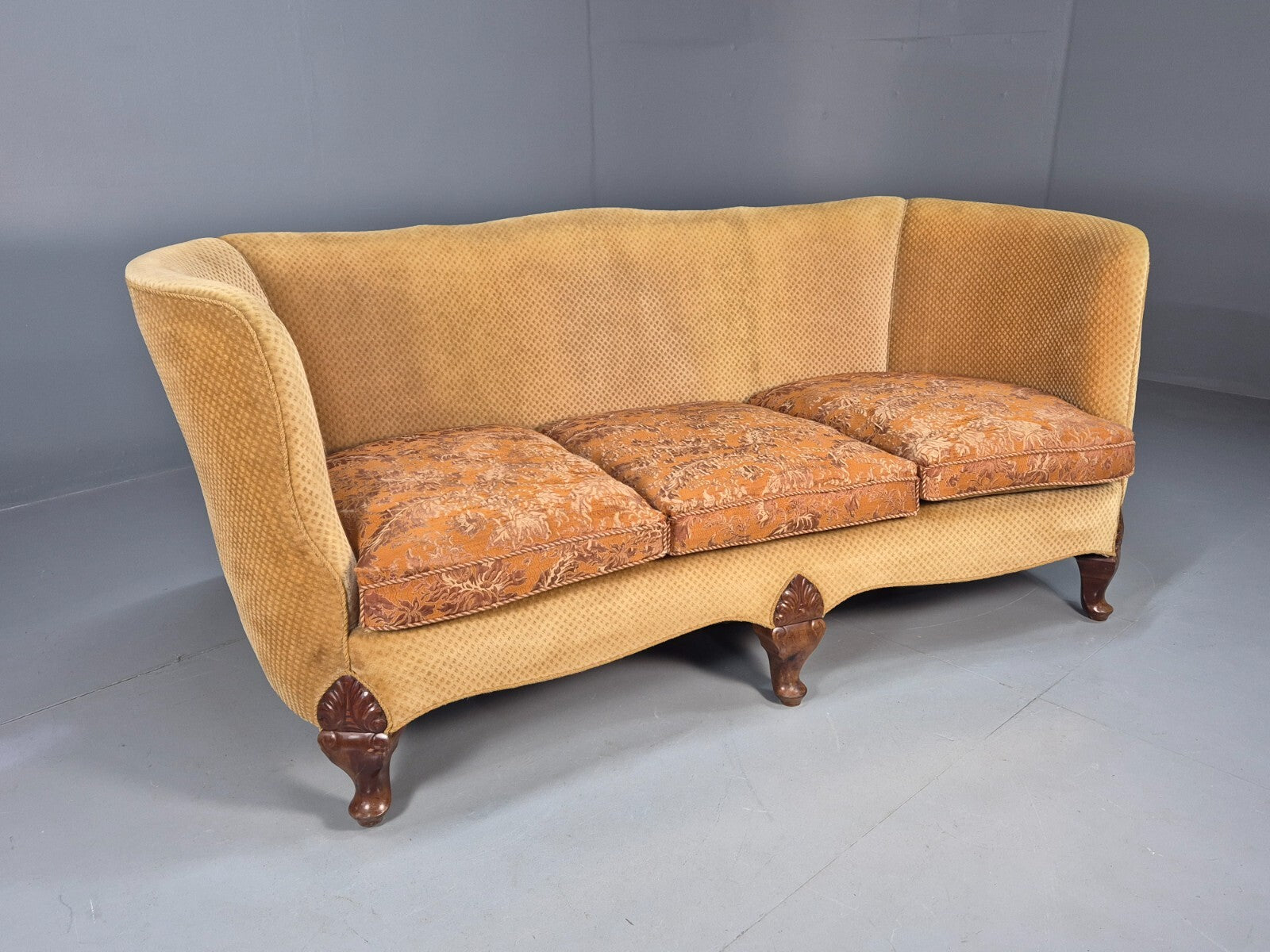 Vintage Danish Banana Sofa Gold Velour Carved Legs 1920s Antique Eb8055 V3SS0