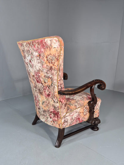 Vintage Carved Oak Chair Floral Fabric 1940s Traditional Curved EB10752 VCAR9