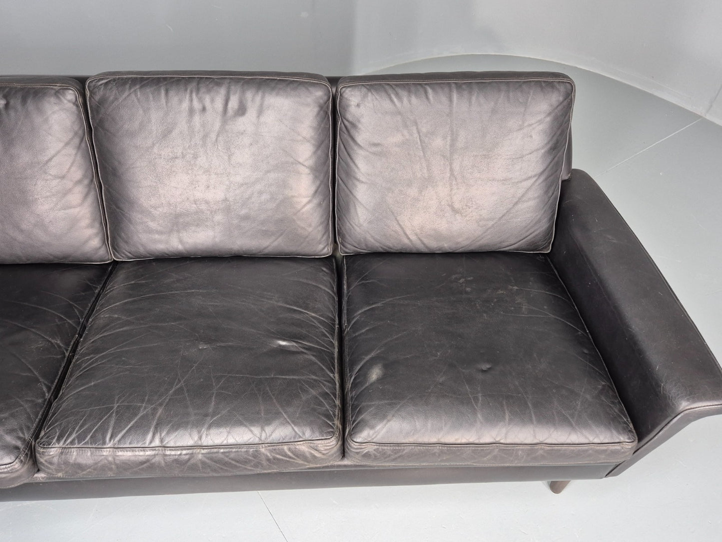 Vintage 1960s 3 Seat Sofa Danish Mid Century Design Black Leather EB10068 M3SS7