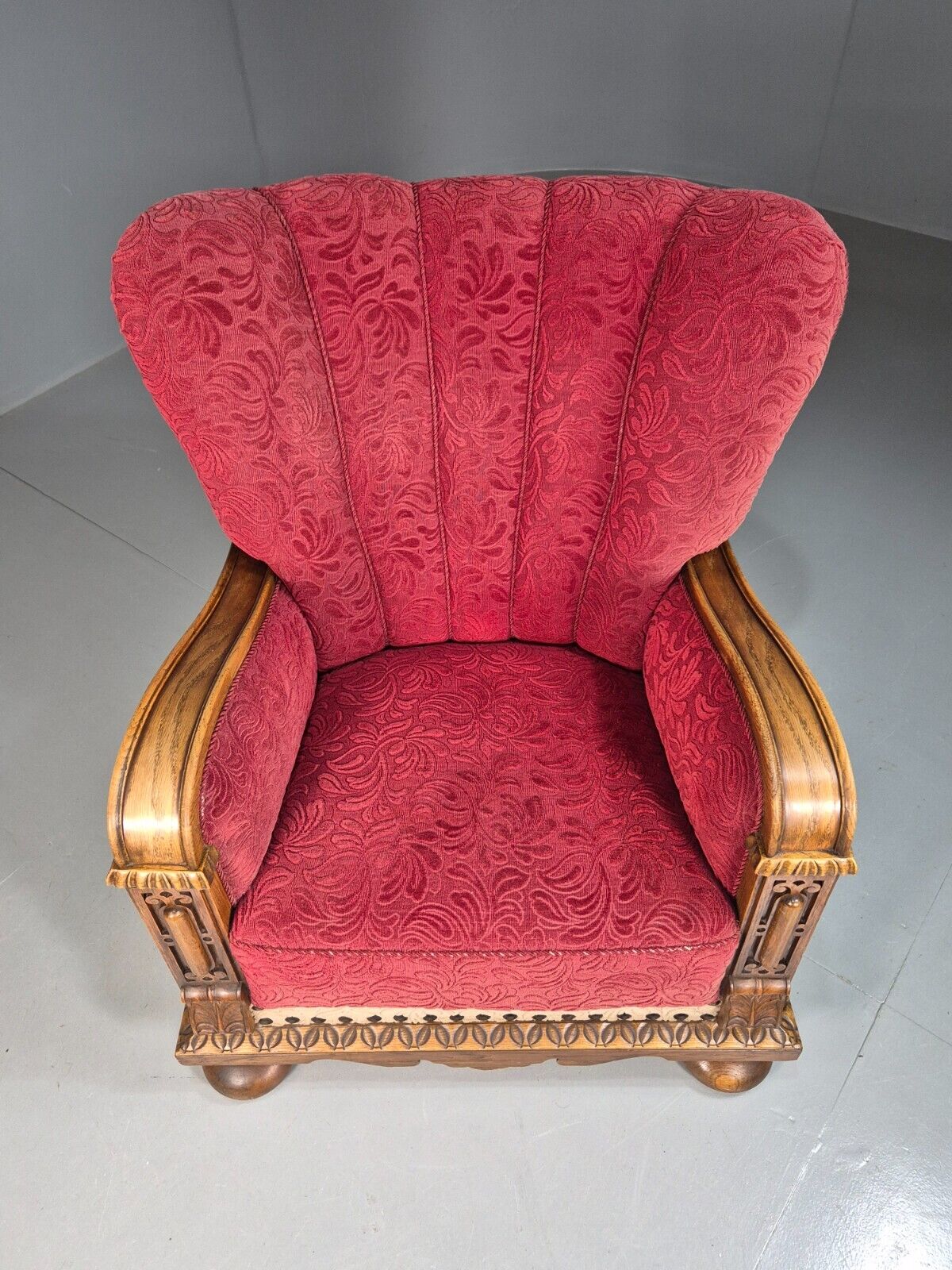 Vintage Danish Lounge Chair Red Moquette Oak Shell Back Antique 1930 EB8280 VCLO - UKDK FURNITURE