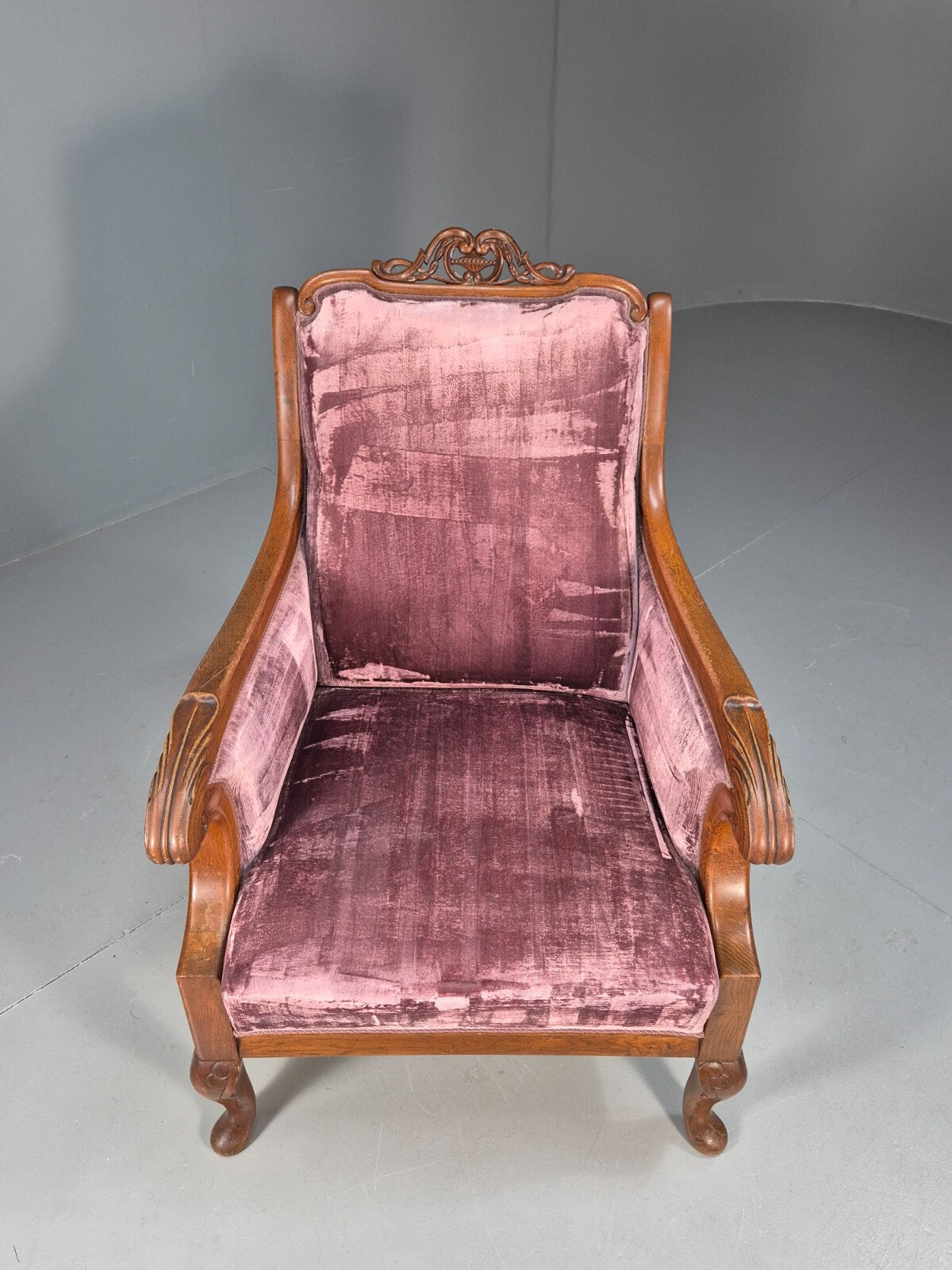 Vintage Danish Empire Chair Carved Oak Frame Purple Velvet Antique EB9616 VCAR - UKDK FURNITURE