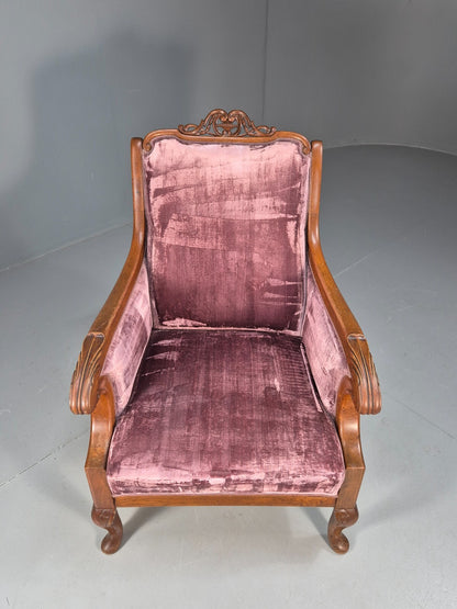 Vintage Danish Empire Chair Carved Oak Frame Purple Velvet Antique EB9616 VCAR - UKDK FURNITURE