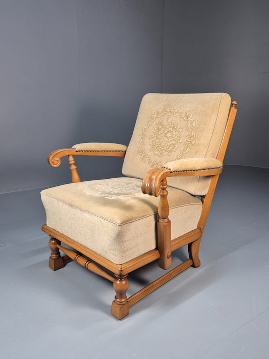 Vintage Danish Oak Frame 1970s Lounge Chair Gold Floral Upholstery EB9658 VCLO - UKDK FURNITURE