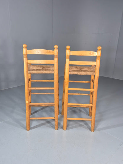 2 Vintage High Bar Stools 1980s Pine Rush Seats Retro  EB11014 VDIN4