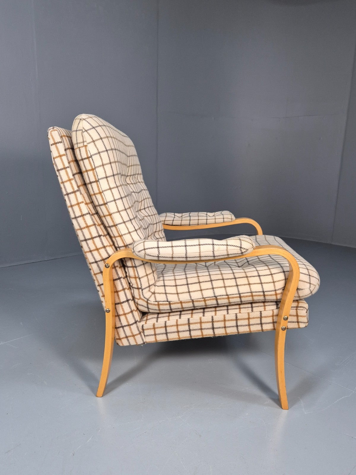 Vintage Bentwood Lounge Chair Danish Cream Wool Check 1980s Retro EB10334 MBEN10