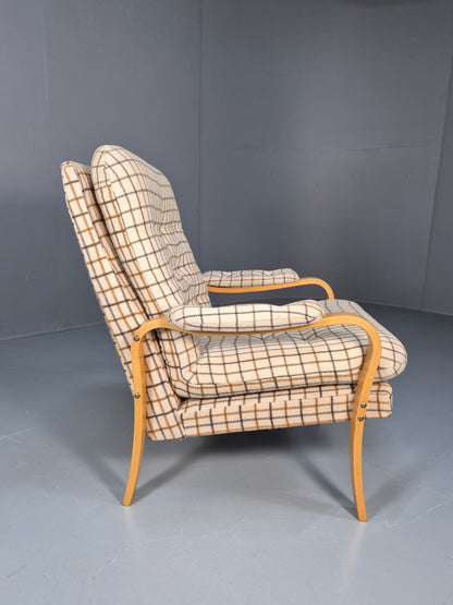 Vintage Bentwood Lounge Chair Danish Cream Wool Check 1980s Retro EB10334 MBEN10